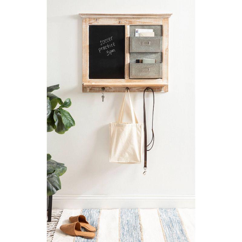 Distressed White Wood Wall Organizer with Chalkboard and Hooks