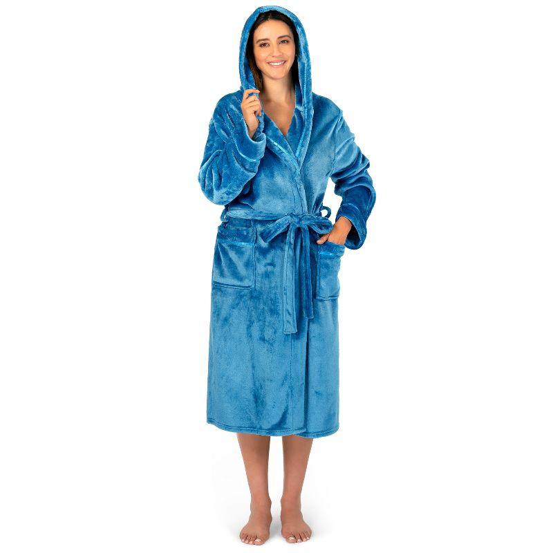 PAVILIA Fleece Robe For Women, Plush Warm Bathrobe, Fluffy Soft Spa Long Lightweight Fuzzy Cozy, Satin Trim (With Hood - Sea Blue, Large-X-Large)