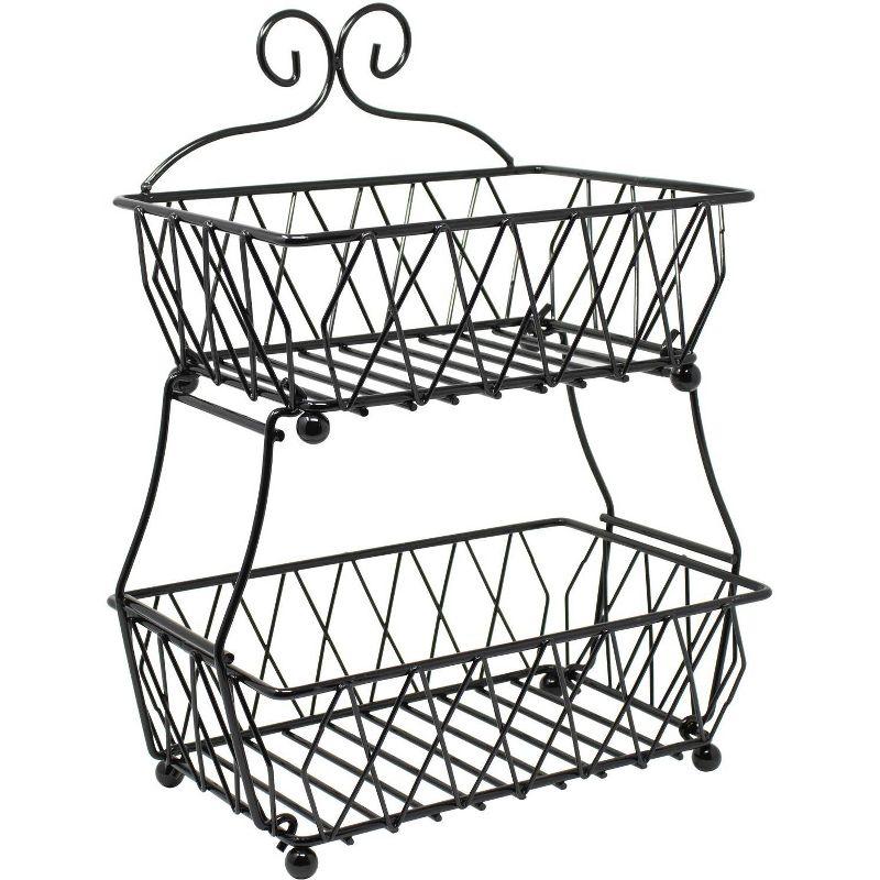 2-Tier Fruit Bread Basket Display Stand, Counter Storage for Kitchen, Bathroom, Rectangular Antique Metal