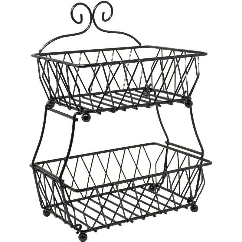 Black Metal 2-Tier Rectangular Fruit Basket Stand