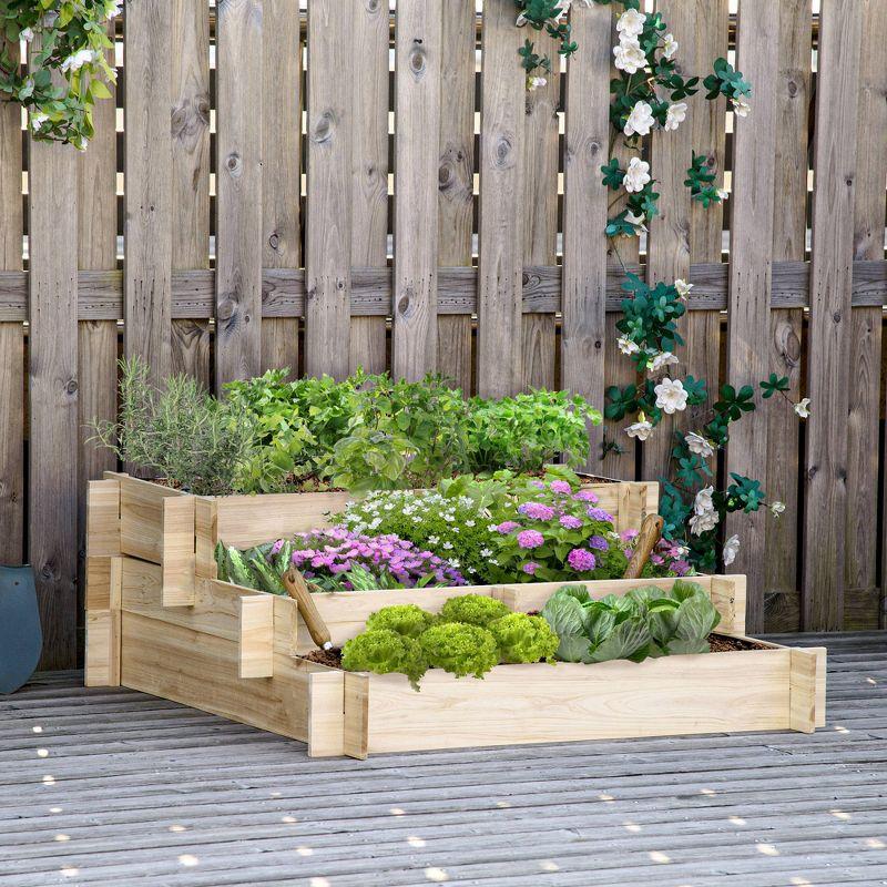 Natural Wood 3-Tier Raised Garden Bed with Draining Fabric