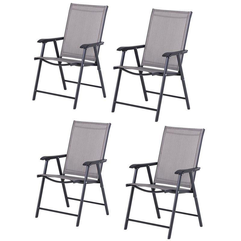 Outsunny Set of 4 Patio Folding Chairs, Stackable Outdoor Sling Chairs with Armrests for Lawn, Camping, Dining, Beach, Metal Frame, Gray