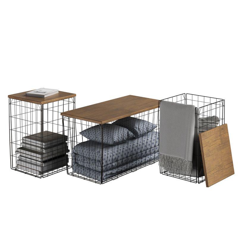 Lavish Home Set of 3 Living Room Tables - Metal Basket Storage with Removable Lids - 2 Small Side and 1 Large Accent Table (Brown/Black)