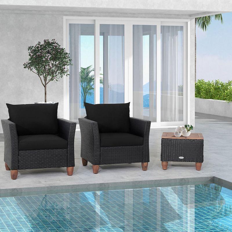 Costway 3PCS Outdoor Patio Rattan Furniture Set Wooden Table Top Cushioned Sofa Black
