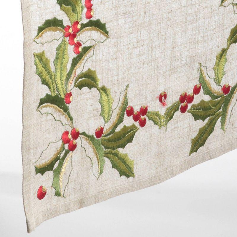 Natural Embroidered Holly Design Table Runner 16" x 54"