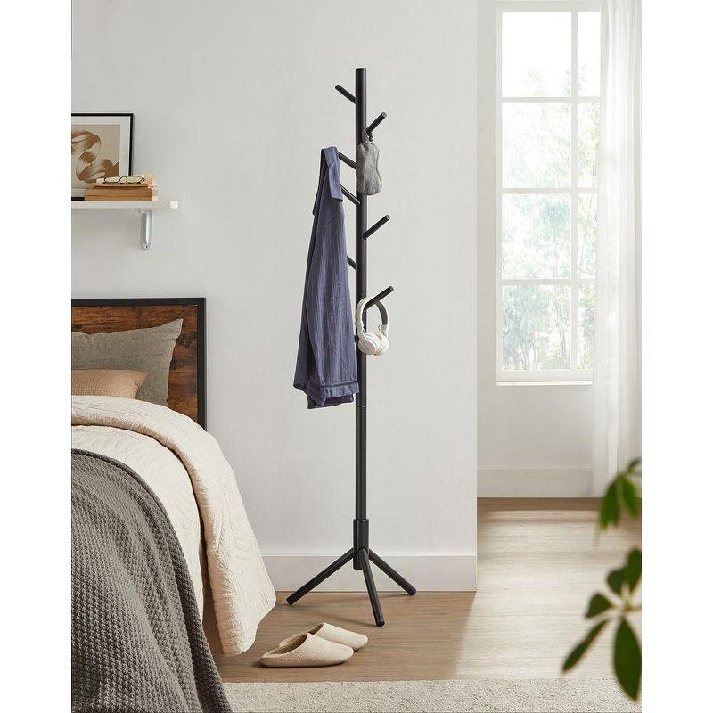 Black Solid Wood Free Standing Coat Rack with 8 Hooks