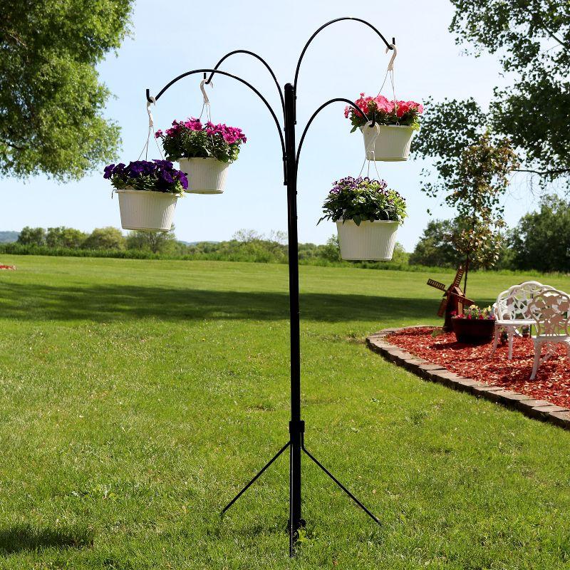 Sunnydaze 4-Arm Garden Hanging Basket Flower Plant Stand with Adjustable Arms - 84" - Black