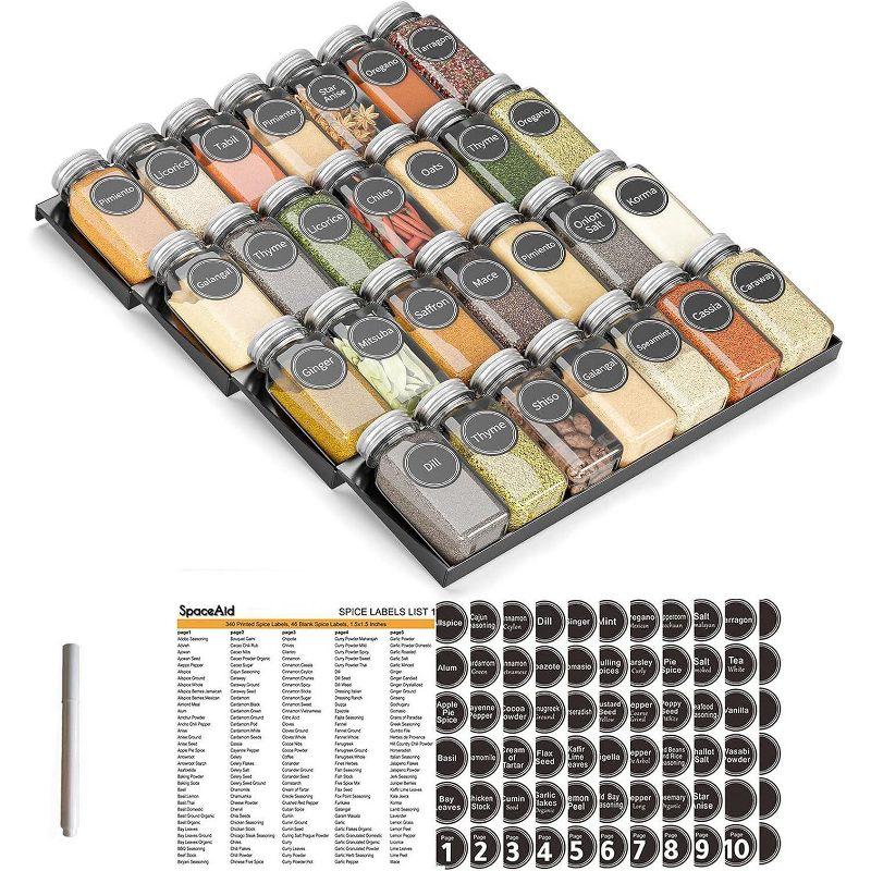 Spice Drawer Organizer with 28 Spice Jars - 4-Tier Seasoning Rack Tray Insert, 386 Spice Labels, 13" Wide x 17.5" Deep