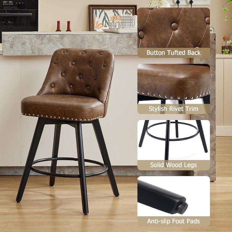 Counter Bar Stools Set of 2, Modern Swivel Bar Stools with Back and Wood Legs, 26" H Upholstered Bar Chair for Kitchen Island Home Bar, Leather Brown