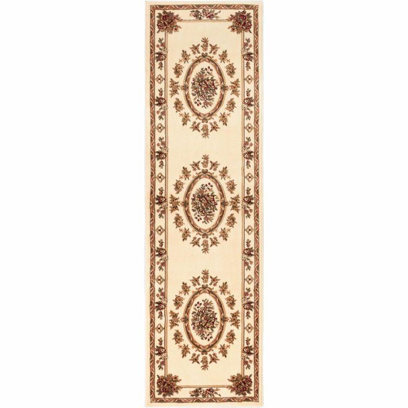 Ivory and Beige Synthetic Floral Medallion Runner Rug