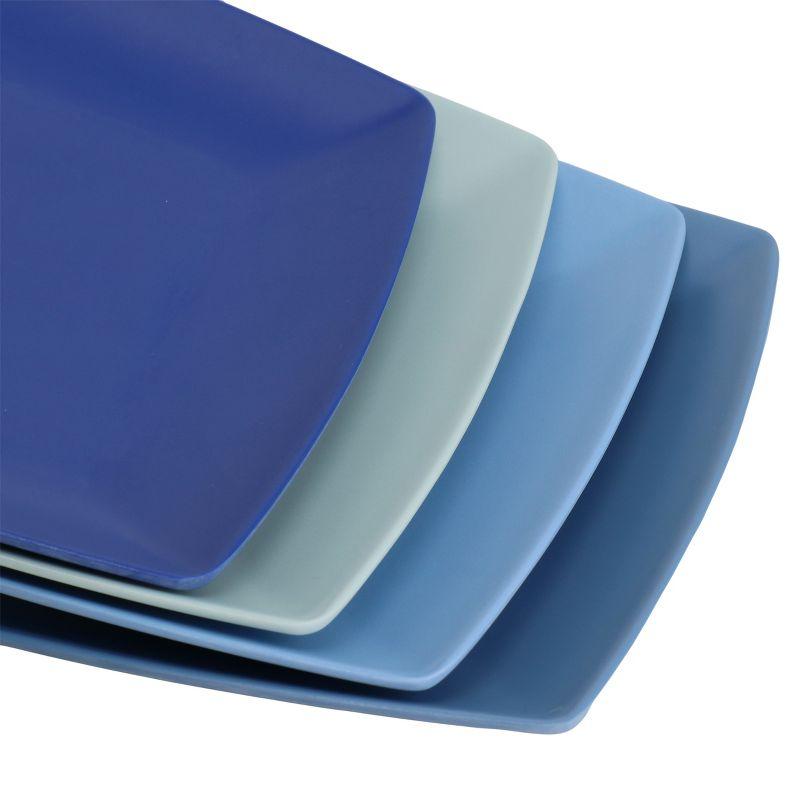 Gibson Home Grayson 4 Piece 10.5 Inch Square Melamine Dinner Plate Set in Assorted Blue