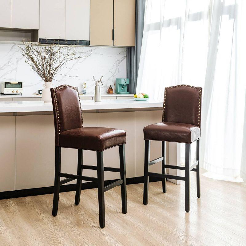 Glitzhome Set of 2 Leatherette PU Barstools with Studded Decor Coffee Brown: Upholstered High Back, Kitchen Counter Height