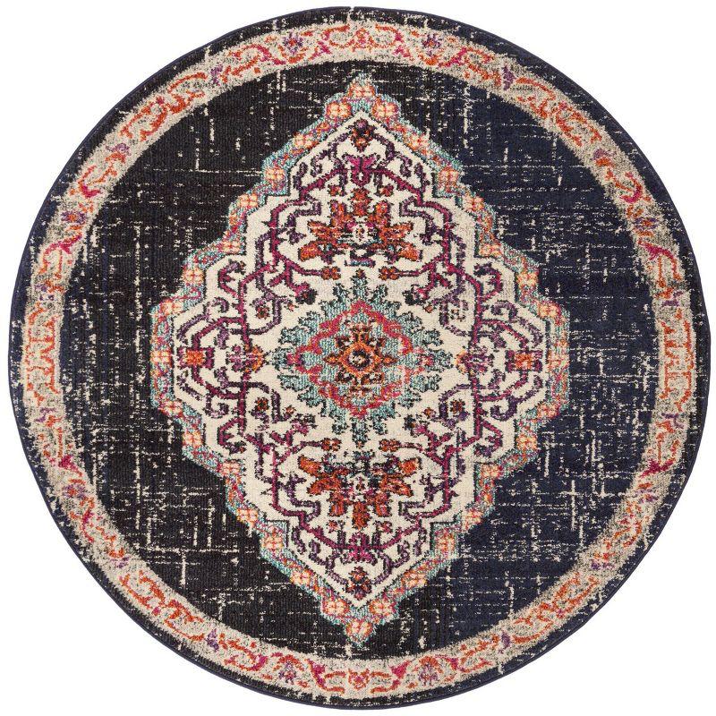 Boho-Chic Black & Blue Synthetic 5' Round Area Rug