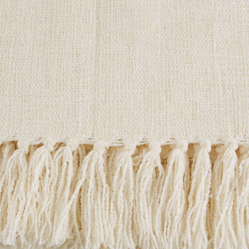 Cream Knitted Chenille Throw Blanket with Fringe