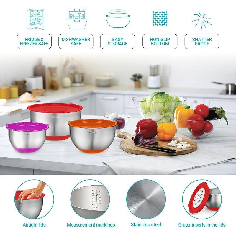 Mixing Bowls with Lids Set - Nesting Bowls with Airtight Lids + Graters - Stainless Steel Non-Slip Mixing Bowl for Baking, (Multicolor, 5-Piece Set)