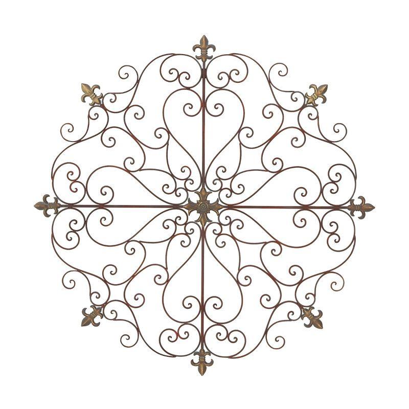 Brown Metal Scrollwork Fleur De Lis Wall Sculpture