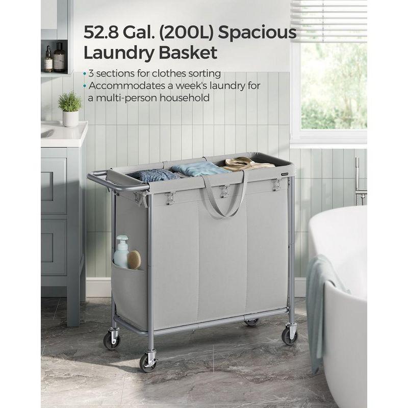 200L Laundry Sorter 3-Section Laundry Basket with Wheels Rolling Laundry Hamper with Removable Liner Dove Gray