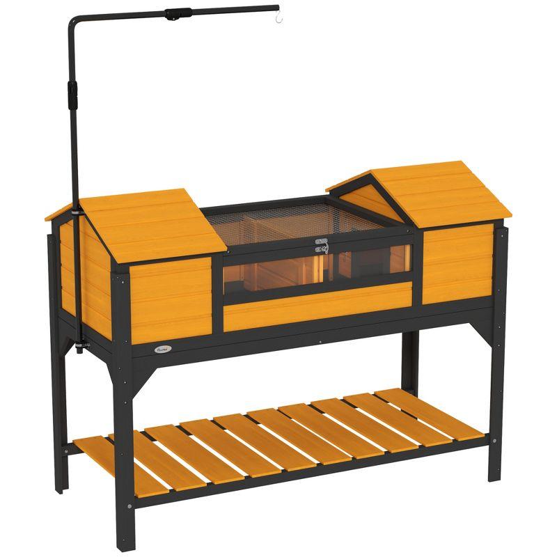 PawHut Tortoise Habitat with Adjustable Lamp Holder, Wooden Tortoise Enclosure with Storage Shelf, Dual Main Houses, Fixed Tray, Openable Lid, Yellow