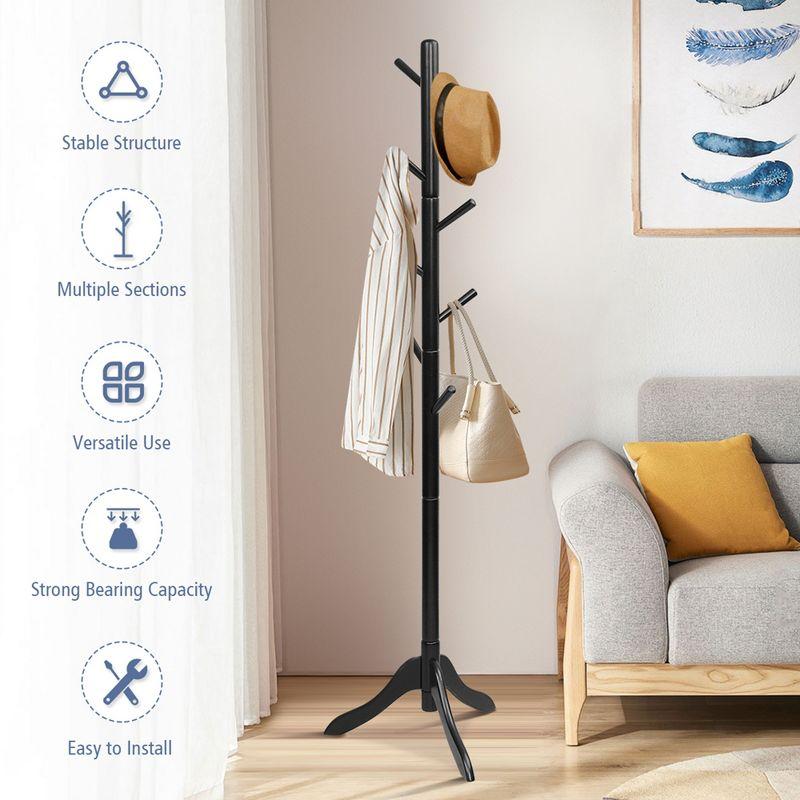 Costway Wooden Coat Rack Stand Entryway Hall Tree 2 Adjustable Height w/ 8 Hooks Gray\Brown