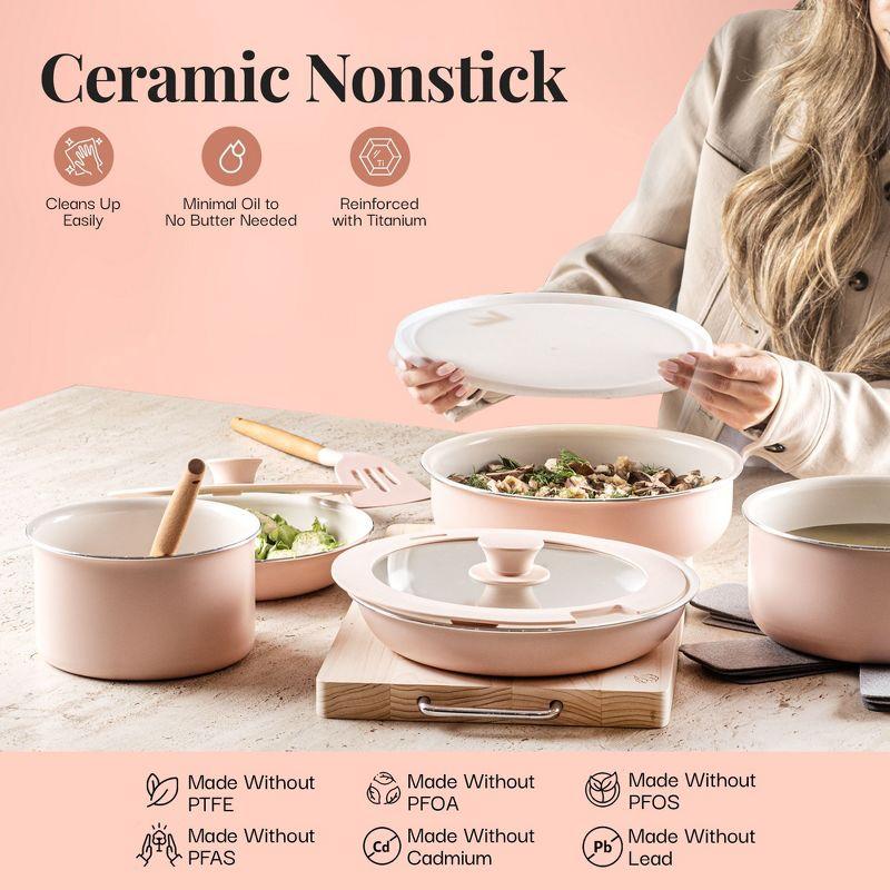 Gotham Steel Nonstick Pots and Pans 18 Piece Ceramic Induction Cookware Kitchen Set Detachable Handles Frying Skillet Pink