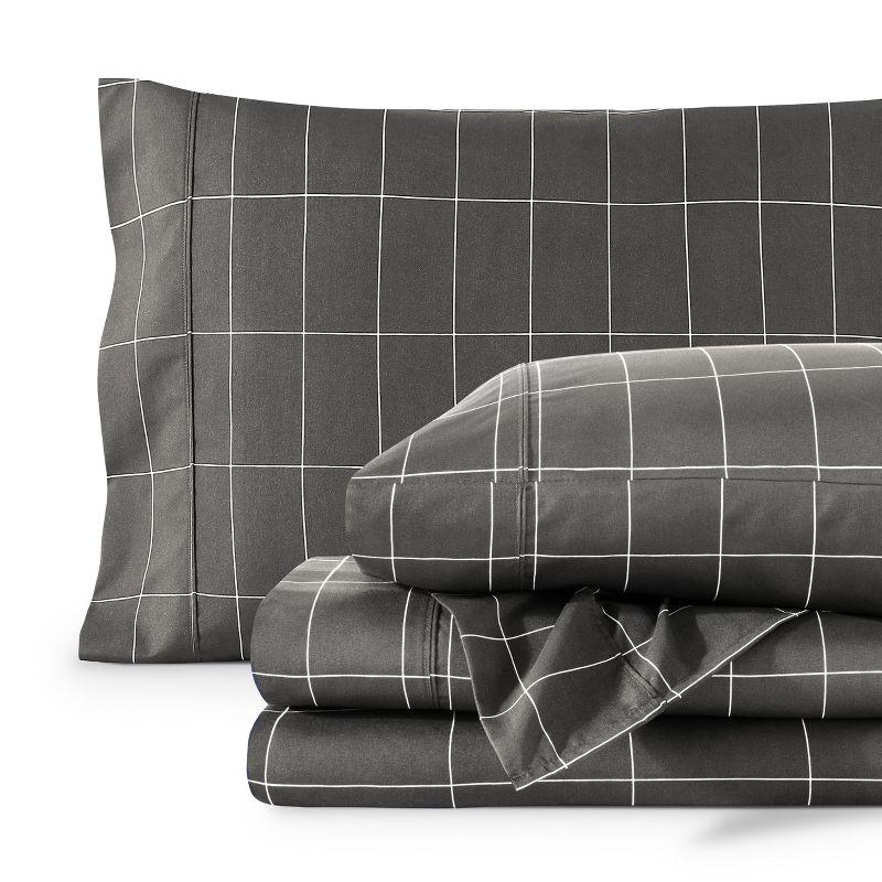 Twin Grid - Grey/White 3 Piece Printed Pattern Microfiber Sheet Set by Bare Home