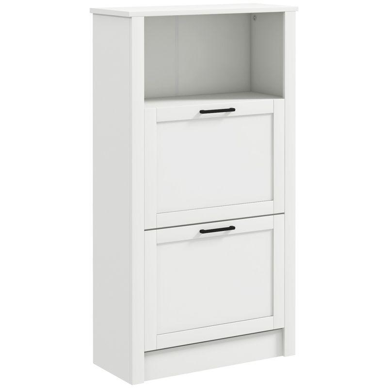 White MDF Shoe Storage Cabinet with Flip Drawers and Open Shelf