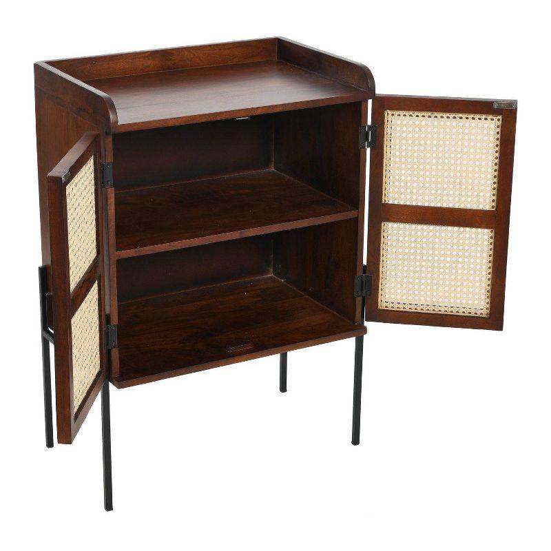 Storied Home Boho Solid Wood Bar Cabinet with Metal Legs and Woven Cane Doors Walnut/Natural: Iron Frame, Mango Surface