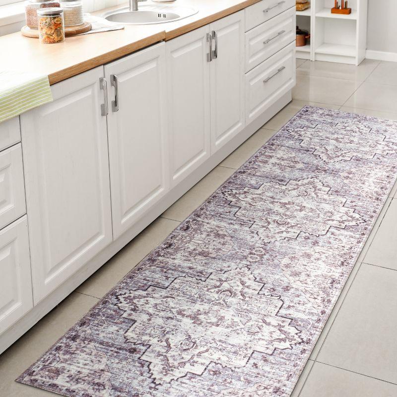 Didim Gray and Purple Medallion Washable Runner Rug