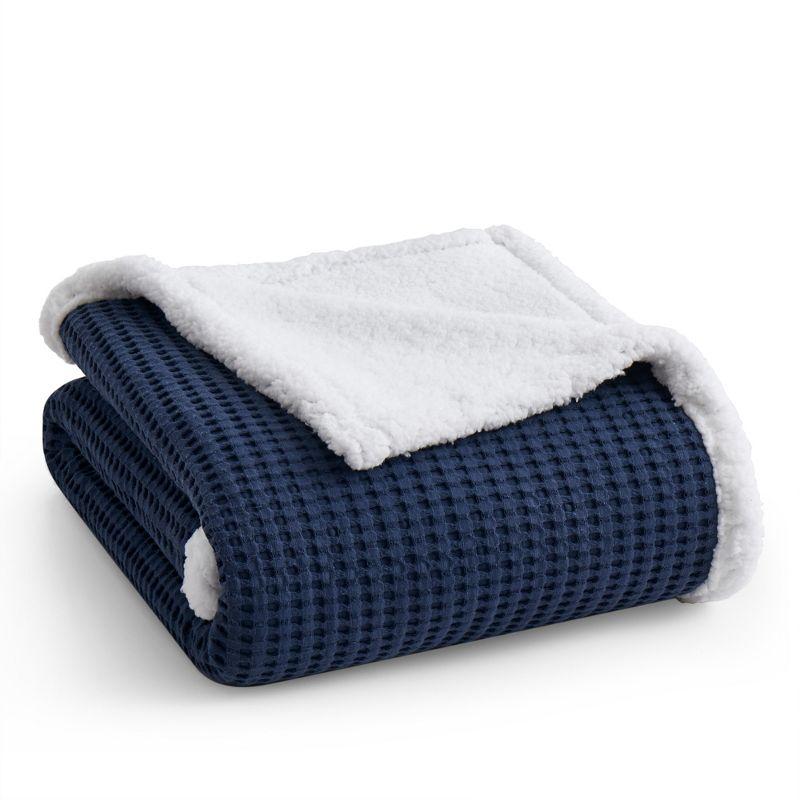 Navy Cotton Waffle-Quilt Reversible Sherpa Throw Set