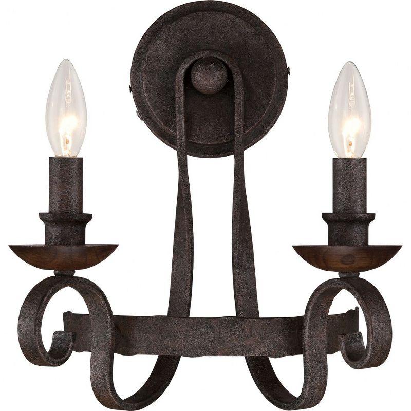 Rustic Black Hammered Metal and Walnut 2-Light Sconce