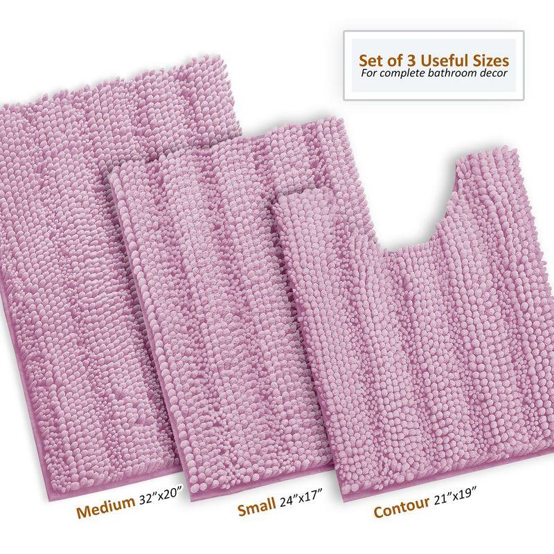 Hearth & Harbor 3 Piece Striped Bathroom Rug set, Ultra Soft Chenille Bathroom Rugs - Lilac