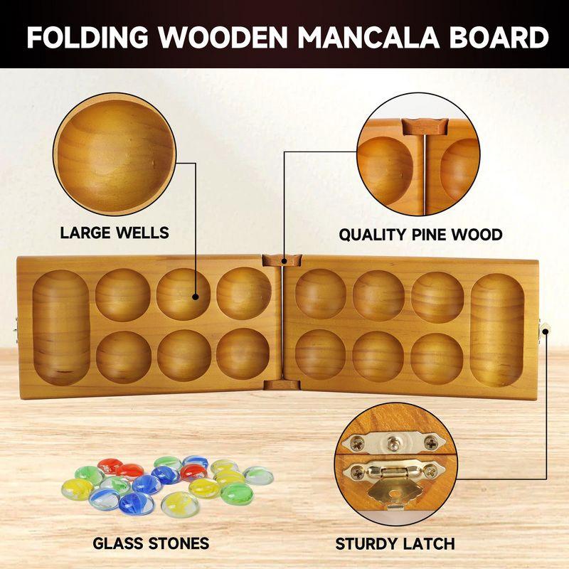 GSE Folding Wooden Mancala Board Game with Multi-Color Glass Stones and Storage Bag, Travel Game - Oak