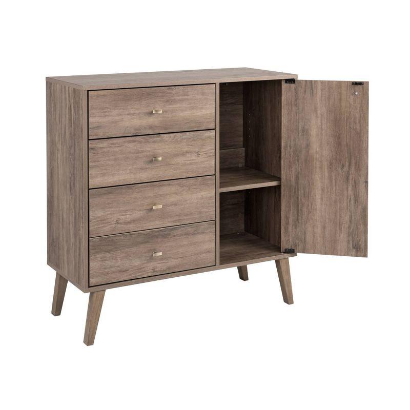 Prepac Milo Mid-Century Modern 4 Drawers Chest with Door Drifted Gray: Laminated Storage, Metal Glides, Adjustable Shelf