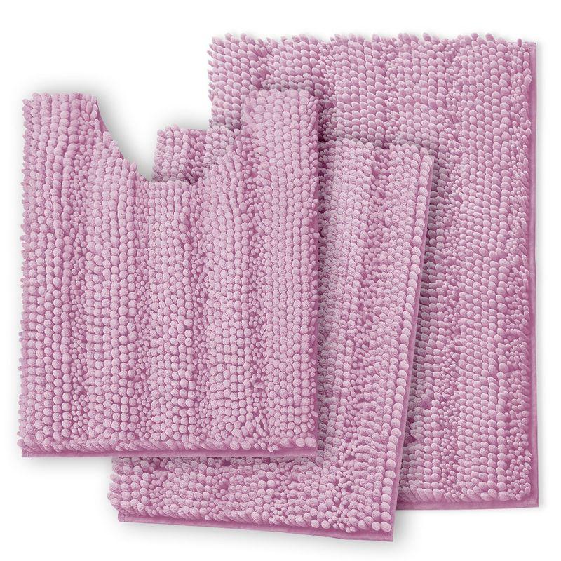 Hearth & Harbor 3 Piece Striped Bathroom Rug set, Ultra Soft Chenille Bathroom Rugs - Lilac