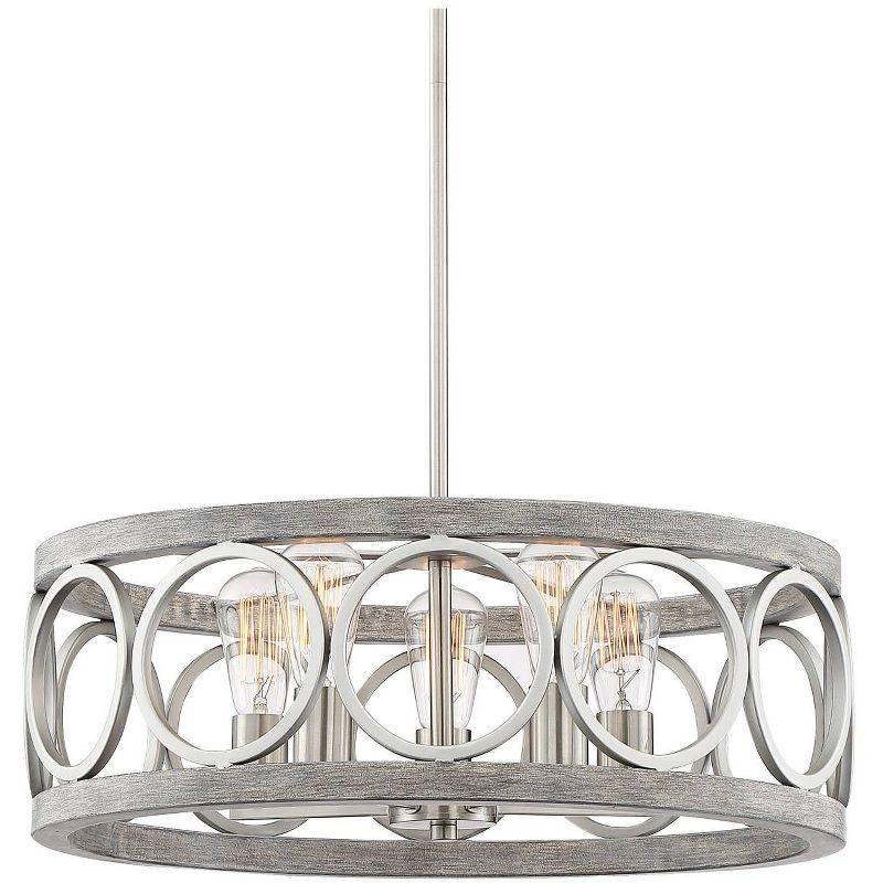 Brushed Nickel and Gray Wood Drum Pendant Chandelier