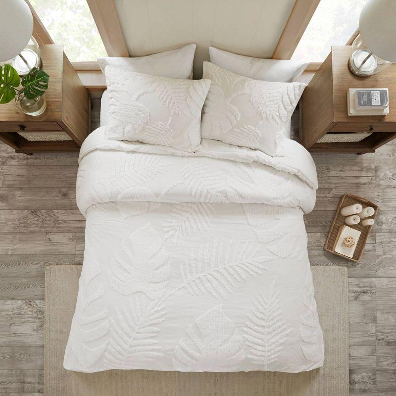 Full/Queen White Cotton Chenille Palm Duvet Cover Set