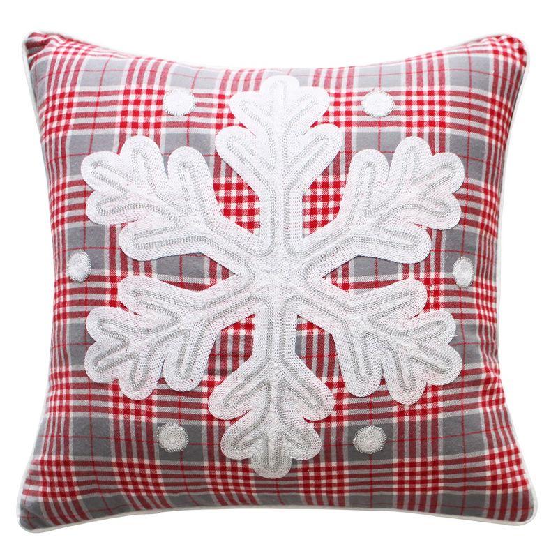 Red and Gray Embroidered Snowflake Plaid Square Pillow