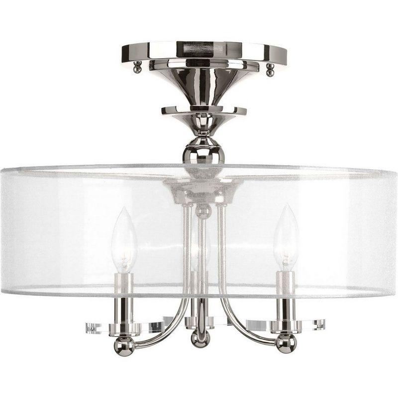 Progress Lighting Marche 3-Light Semi-Flush Convertible Fixture, Polished Nickel, Sheer Silver Organza Shade