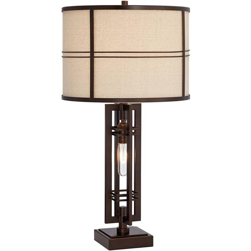 Franklin Iron Works Elias Modern Industrial Table Lamp 28" Tall Oiled Bronze with Nightlight Off White Oatmeal Drum Shade for Bedroom Living Room Kids