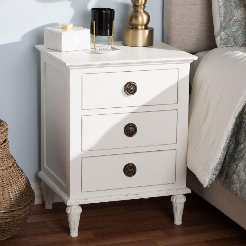 Venezia French - Inspired Rustic Washed Wood 3 - Drawer Nightstand - White - Baxton Studio