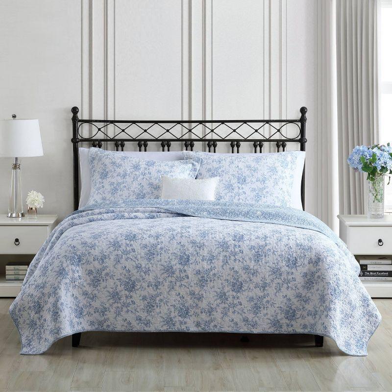 Blue Floral Cotton Reversible Full Quilt Set