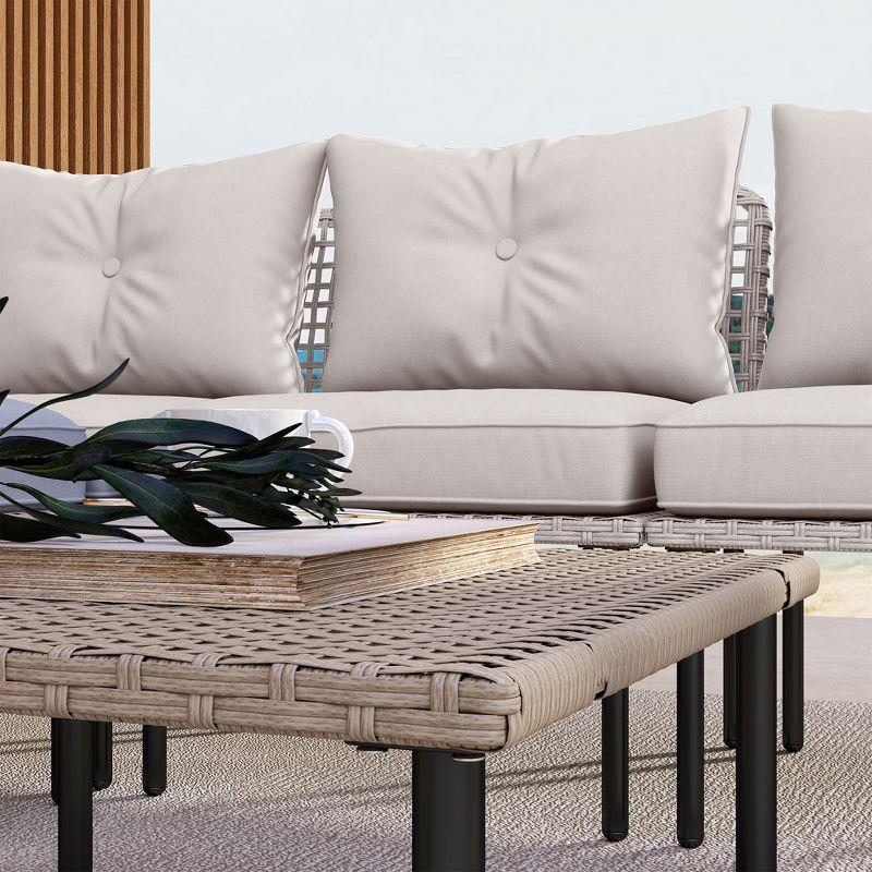 Outsunny 5 Pieces Patio Furniture Set with Cushions, Sofa, Chaise Lounge, Stool, Coffee Table