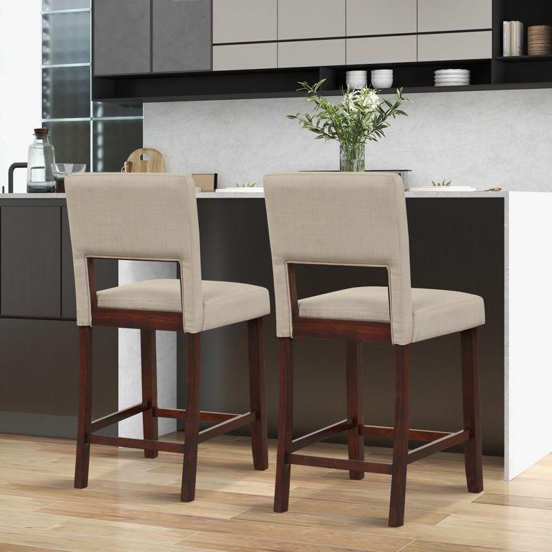 Beige Upholstered Linen Bar Stools with Wooden Legs, Set of 2