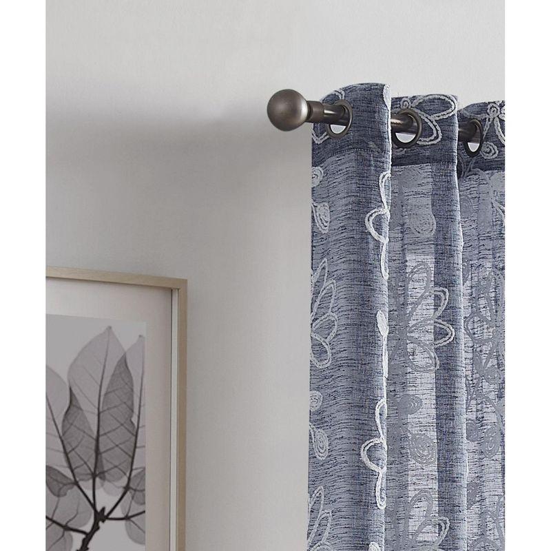 Blue Linen Floral Embroidered Sheer Grommet Curtains, 96"