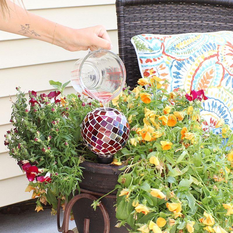 Sunnydaze Outdoor Mosaic Glass Watering Globe with Clay Spike for Planters - 9.5" - Magenta Medley