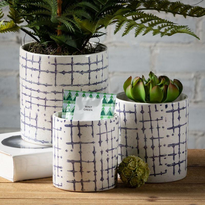 Sand White and Indigo Ceramic Hatch Patterned Pot Set of 3