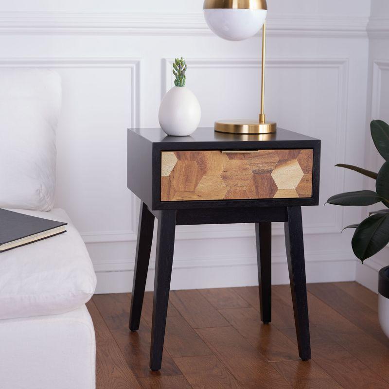 Round Black and Natural Wood Metal Accent Table with Storage