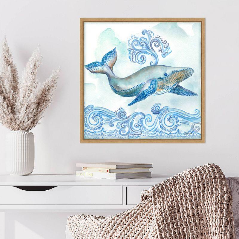 Boho Shells II Whale Blue Canvas Print with Maple Frame