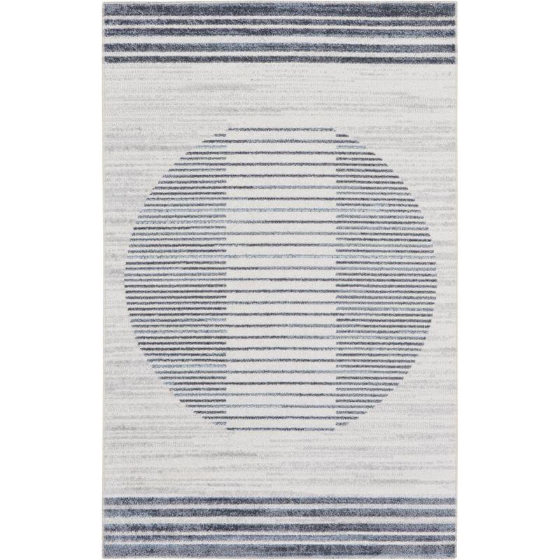 Nourison Astra Machine Washable Stripe Circle Mid-Century Modern Indoor Rug Ivory Blue 2'2" x 4'