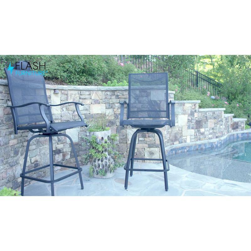 Flash Furniture Patio Bar Height Stools Set of 2, All-Weather Textilene Swivel Patio Stools and Deck Chairs with High Back & Armrests in Black